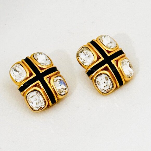 Vintage Christian Dior Gold Tone Faceted Rhinestone/Black Enamel Clip Earrings - Picture 2 of 9